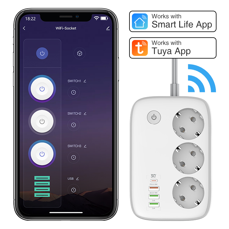 Ciabatta multipresa Smart Wi-Fi, 3 Prese EU + 4 USB QC/PD, Controllo da smatphone app dedicata - Multipresa Intelligente con Timer e Controllo Individuale, compatibile con Alexa e Google Home