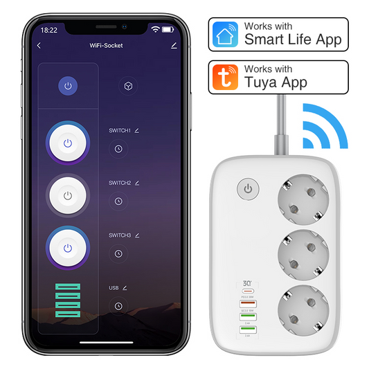 Ciabatta multipresa Smart Wi-Fi, 3 Prese EU + 4 USB QC/PD, Controllo da smatphone app dedicata - Multipresa Intelligente con Timer e Controllo Individuale, compatibile con Alexa e Google Home