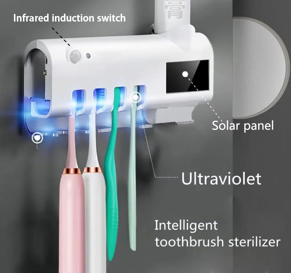 Sterilizzatore UV per Spazzolini da Denti con Ricarica Solare – Dispenser di Dentifricio Automatico Senza Contatto, Supporto Universale per Spazzolini, Elimina il 99% dei Germi – Senza Cavi