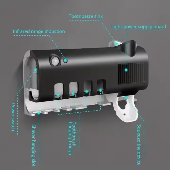 Sterilizzatore UV per Spazzolini da Denti con Ricarica Solare – Dispenser di Dentifricio Automatico Senza Contatto, Supporto Universale per Spazzolini, Elimina il 99% dei Germi – Senza Cavi