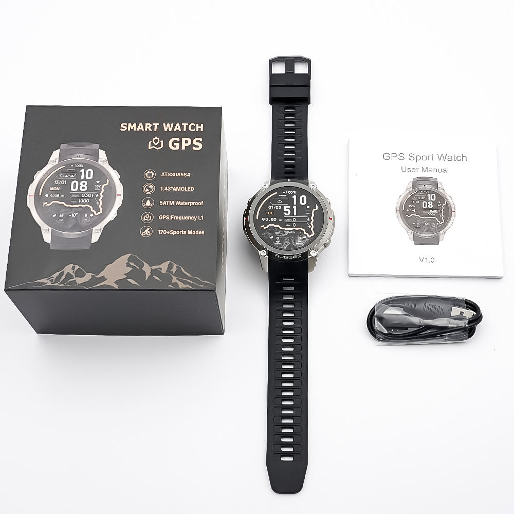 Smartwatch GPS con Mappe Offline, Bussola, Altimetro, Meteo – Orologio con Display AMOLED 1.43", Impermeabile 50M, Monitoraggio Cuore/Ossigeno/Pressione, Cinturino in Gel di Silice