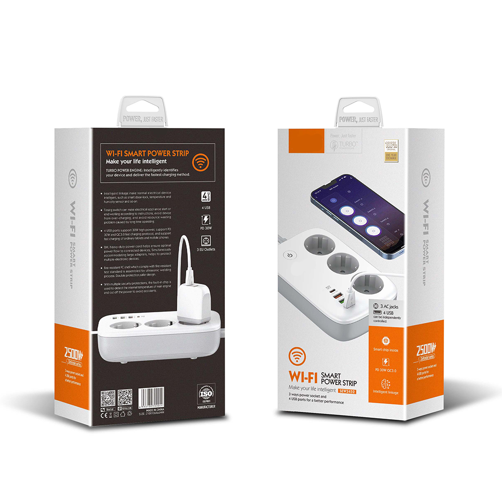 Ciabatta multipresa Smart Wi-Fi, 3 Prese EU + 4 USB QC/PD, Controllo da smatphone app dedicata - Multipresa Intelligente con Timer e Controllo Individuale, compatibile con Alexa e Google Home