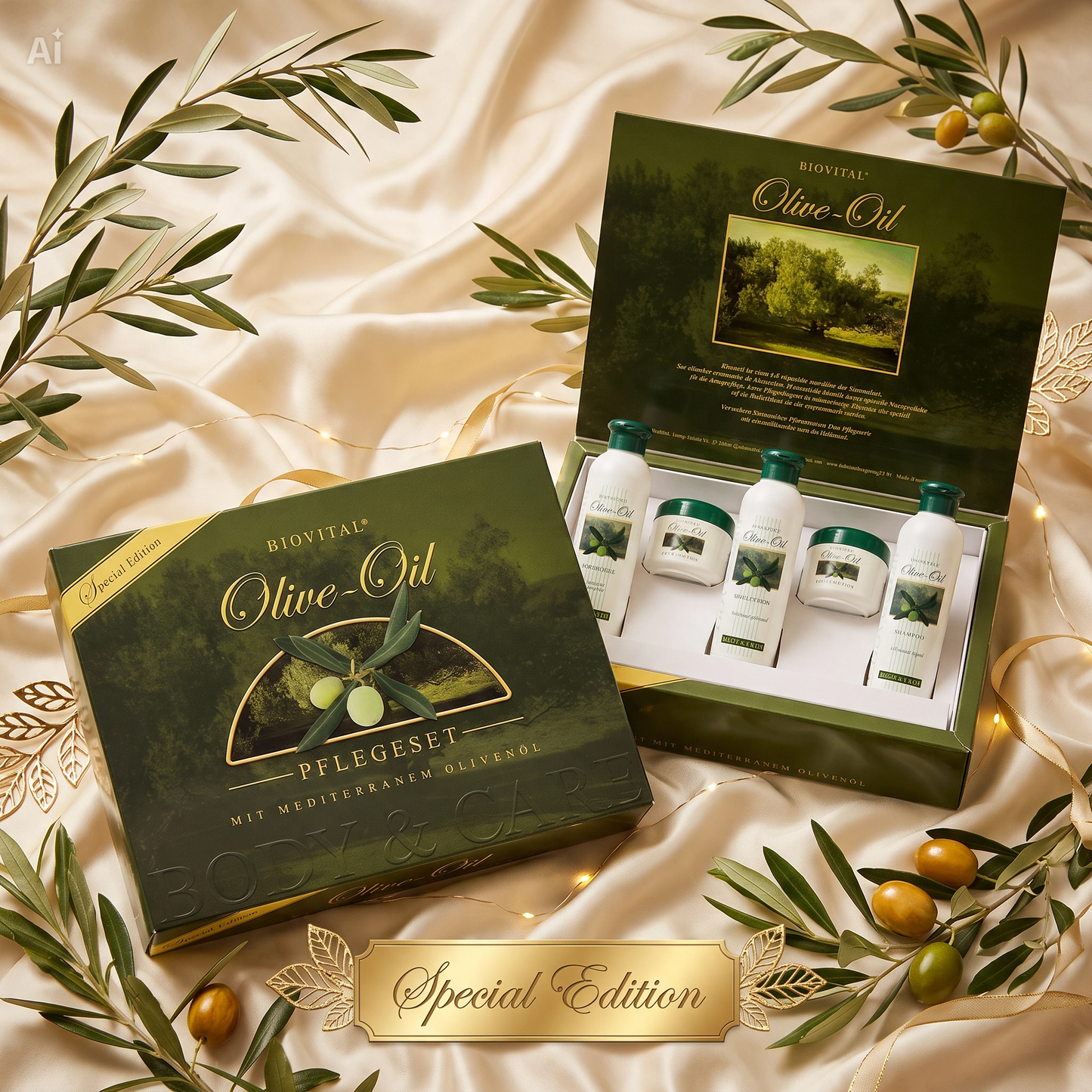 Set Cura della Persona 5 Pezzi con Olio d'Oliva – Edizione Speciale Bio-Vital con Gel Doccia, Shampoo, Lozione Corpo, Crema Giorno e Crema Notte – Cura Completa per Pelle e Capelli