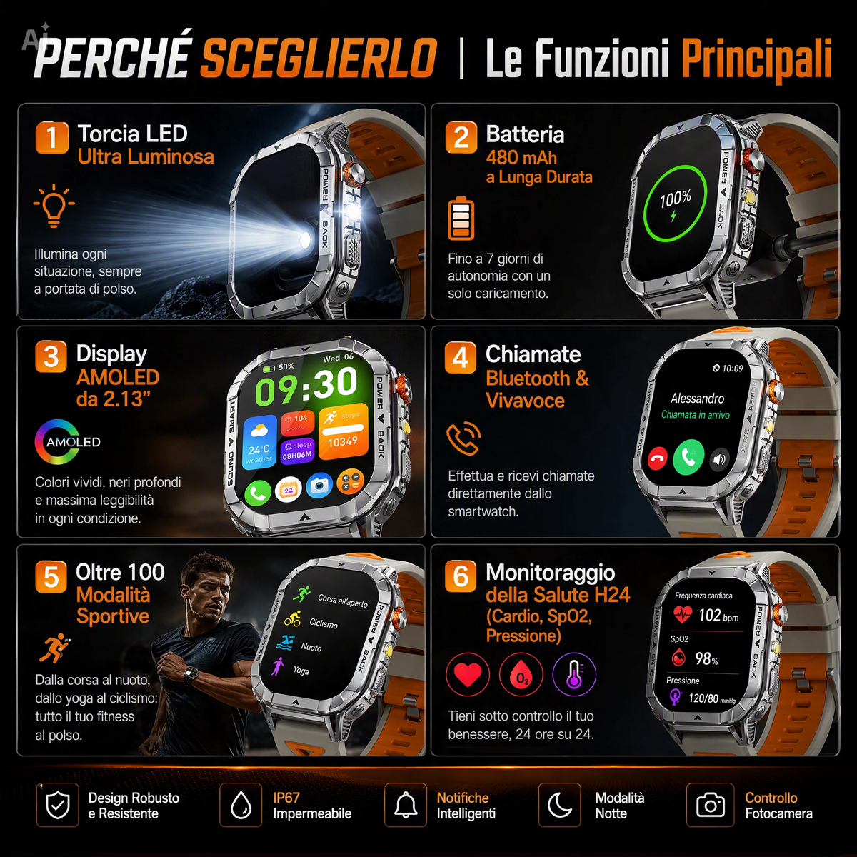 Smartwatch con Display AMOLED 2,13" APP FitCloudPRO – Cassa in Lega di Zinco, Impermeabile 3 ATM, Chiamate Bluetooth, Frequenza Cardiaca, Contapassi, Android e iOS (Nero)
