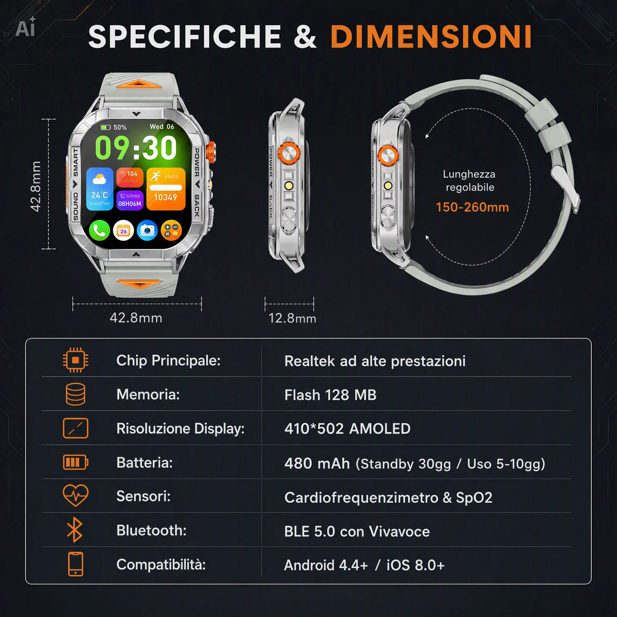 Smartwatch con Display AMOLED 2,13" APP FitCloudPRO – Cassa in Lega di Zinco, Impermeabile 3 ATM, Chiamate Bluetooth, Frequenza Cardiaca, Contapassi, Android e iOS (Nero)