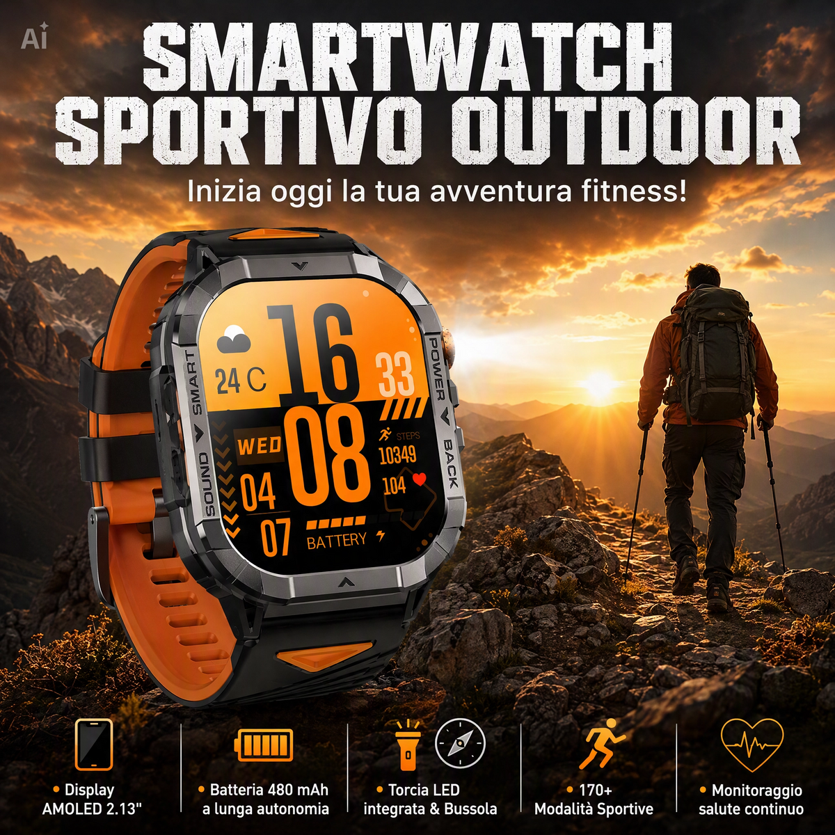 Smartwatch con Display AMOLED 2,13" APP FitCloudPRO – Cassa in Lega di Zinco, Impermeabile 3 ATM, Chiamate Bluetooth, Frequenza Cardiaca, Contapassi, Android e iOS (Nero)