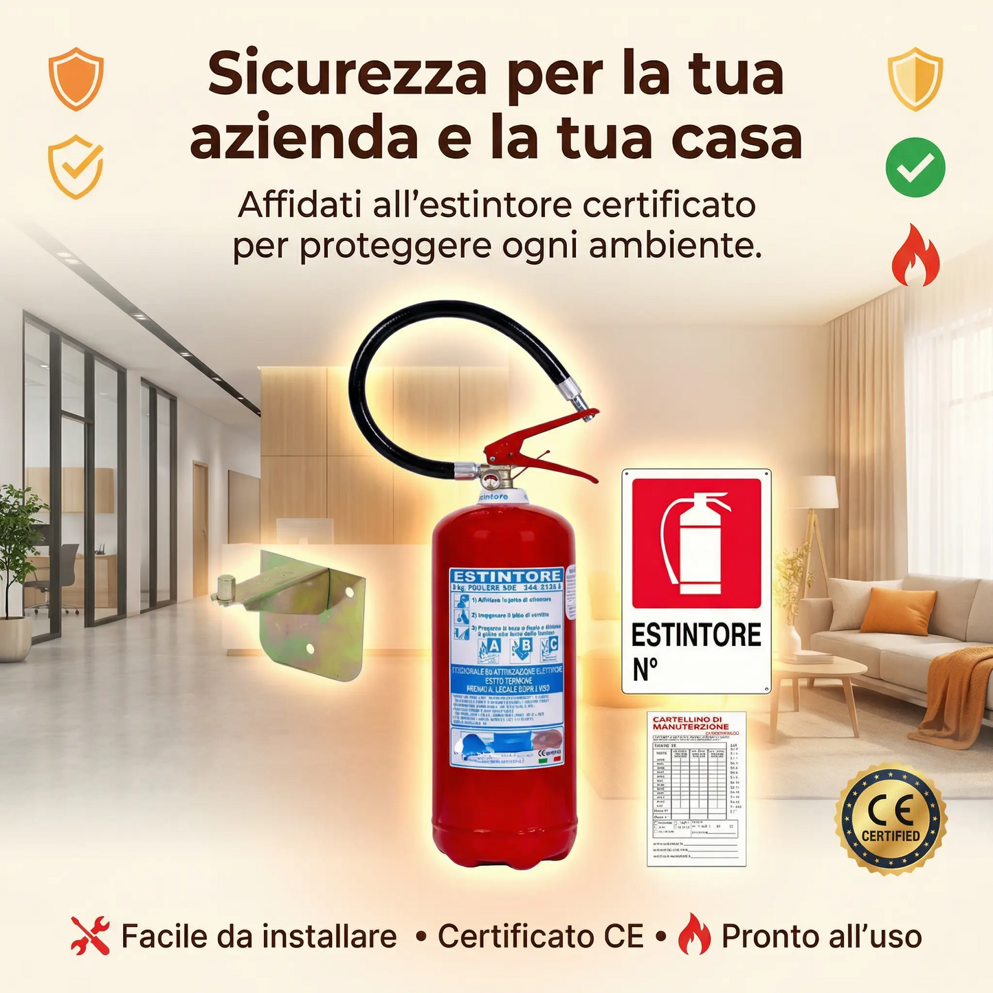 Kit Estintore 6kg a Polvere – Omologato e Certificato – Include Staffa a Muro, Cartello e Bollino di Verifica – Sempre Pronto (E1061)