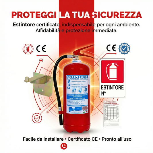 Kit Estintore 6kg a Polvere – Omologato e Certificato – Include Staffa a Muro, Cartello e Bollino di Verifica – Sempre Pronto (E1061)