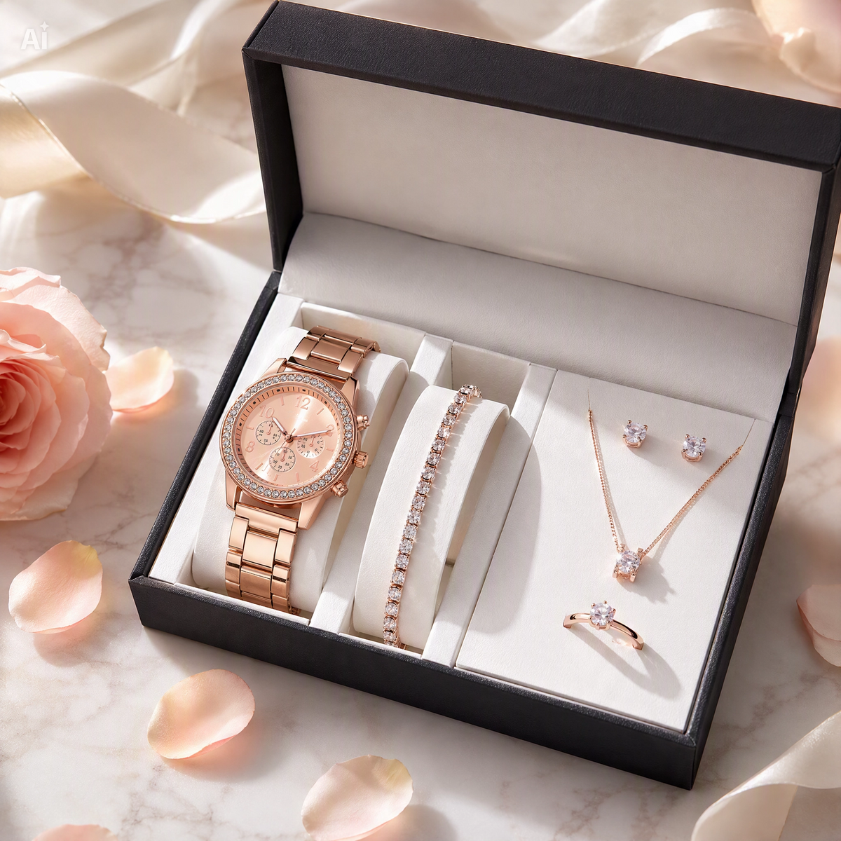 Cofanetto Regalo Donna 5 Pezzi Oro Rosa – Set Gioielli con Orologio, Collana, Orecchini, Anello e Bracciale in Acciaio – Idea Regalo Elegante con Box in Pelle per Compleanno e Anniversario