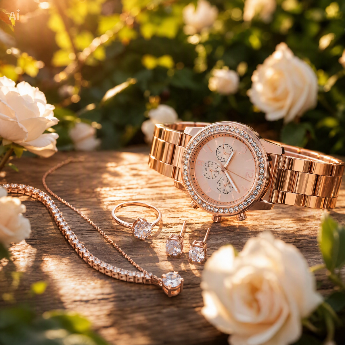 Cofanetto Regalo Donna 5 Pezzi Oro Rosa – Set Gioielli con Orologio, Collana, Orecchini, Anello e Bracciale in Acciaio – Idea Regalo Elegante con Box in Pelle per Compleanno e Anniversario
