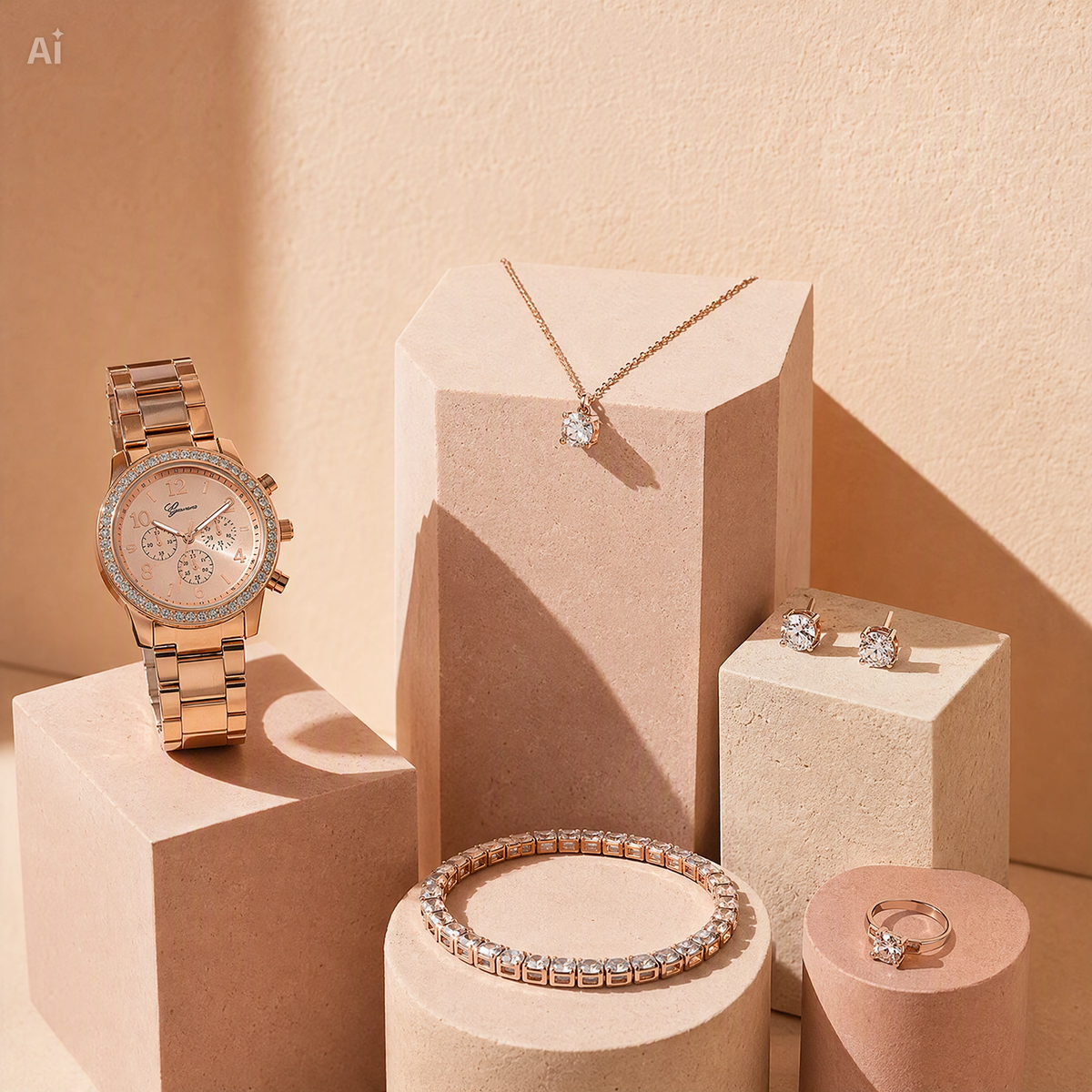 Cofanetto Regalo Donna 5 Pezzi Oro Rosa – Set Gioielli con Orologio, Collana, Orecchini, Anello e Bracciale in Acciaio – Idea Regalo Elegante con Box in Pelle per Compleanno e Anniversario