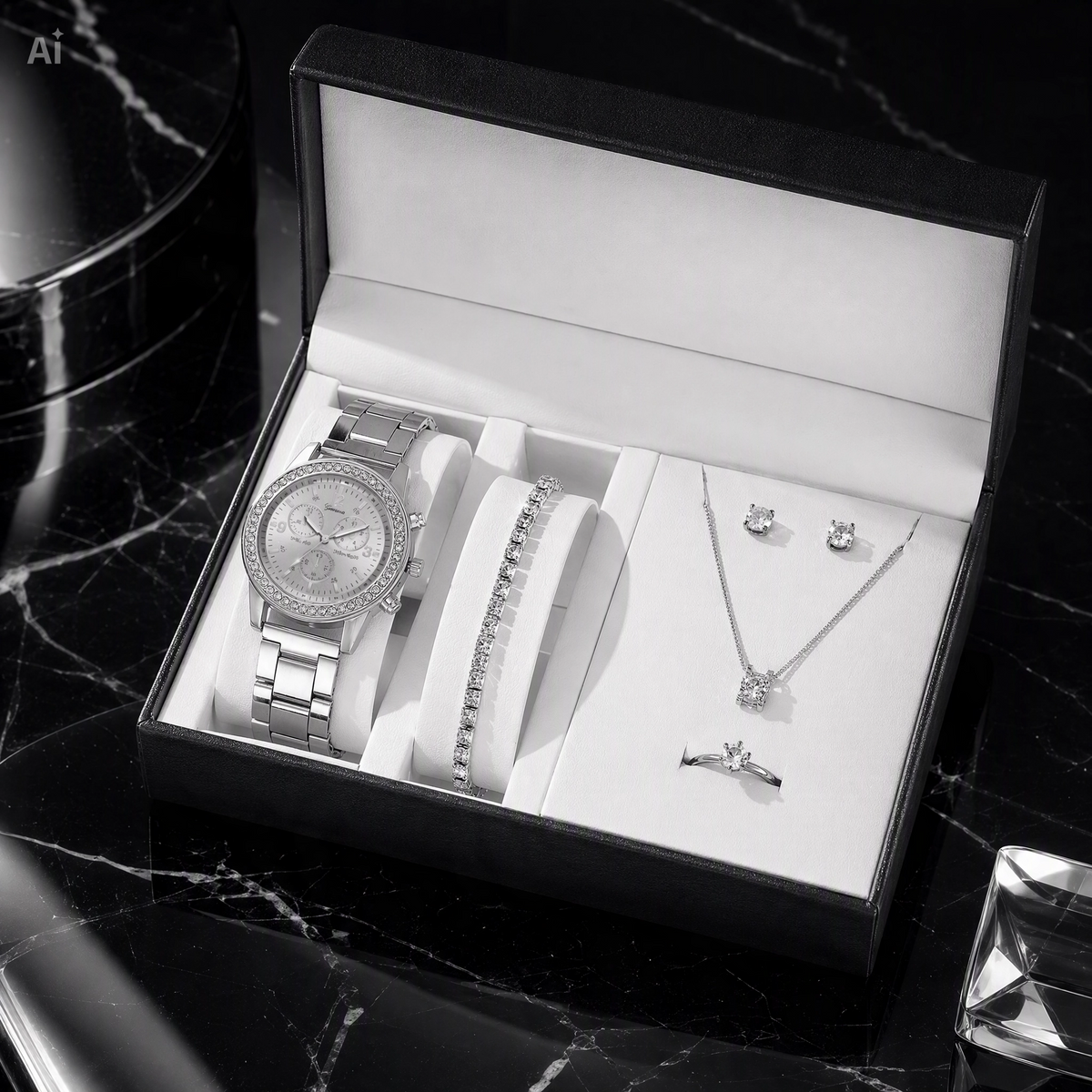 Cofanetto Regalo Donna 5 Pezzi Argento – Set Gioielli con Orologio, Collana, Orecchini, Anello e Bracciale in Acciaio – Idea Regalo Elegante con Box in Pelle per Compleanno e Anniversario