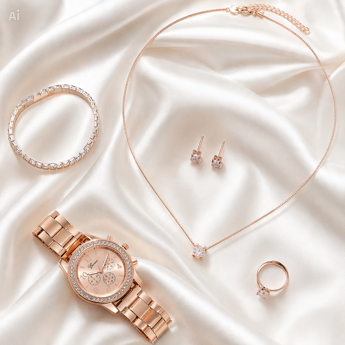 Cofanetto Regalo Donna 5 Pezzi Oro Rosa – Set Gioielli con Orologio, Collana, Orecchini, Anello e Bracciale in Acciaio – Idea Regalo Elegante con Box in Pelle per Compleanno e Anniversario