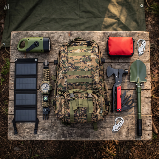 Zaino Survival Completo con 8 Accessori – Kit Sopravvivenza con Pala Pieghevole, Multiutensile Orologio Tattico, Torcia Dinamo, Pannello Solare 20W e Kit Primo Soccorso – Per Campeggio, Avventura