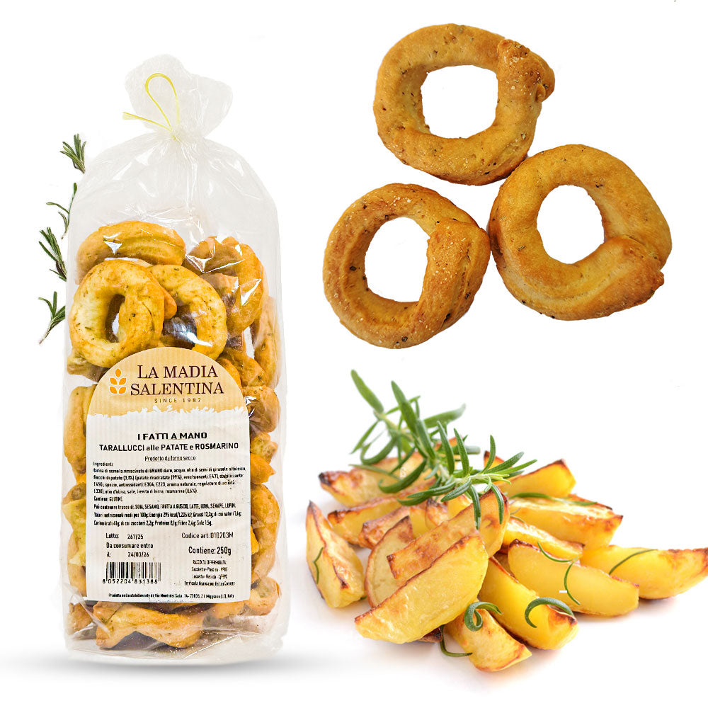 Tarallucci Salentini con Patate e Rosmarino 1 Kg, Artigianali al Forno - Taralli Pugliesi Croccanti Tradizionali del Salento - Tarallini Snack Salato Tipico della Puglia (4x250g, Patate e Rosmarino)