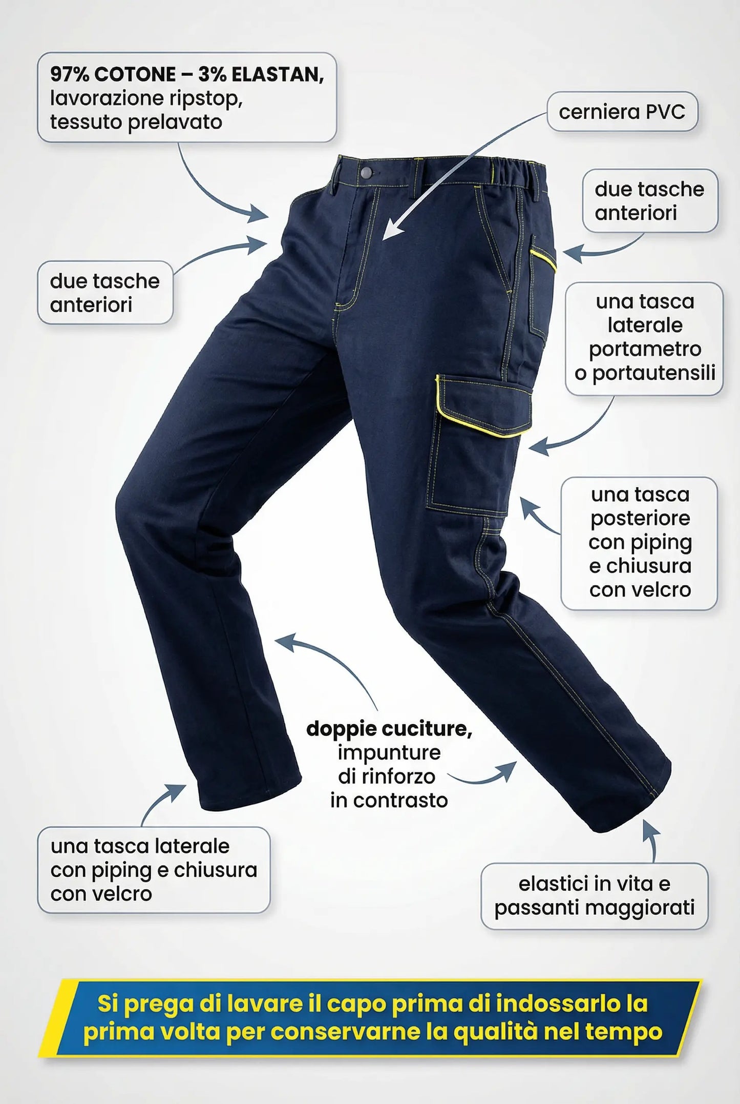 Pantaloni Lavoro Multitasca Uomo Elasticizzati Ripstop - 97% Cotone 3% Elastan - Tasche Portametro e Utensili - Cerniera PVC - Tessuto Prelavato