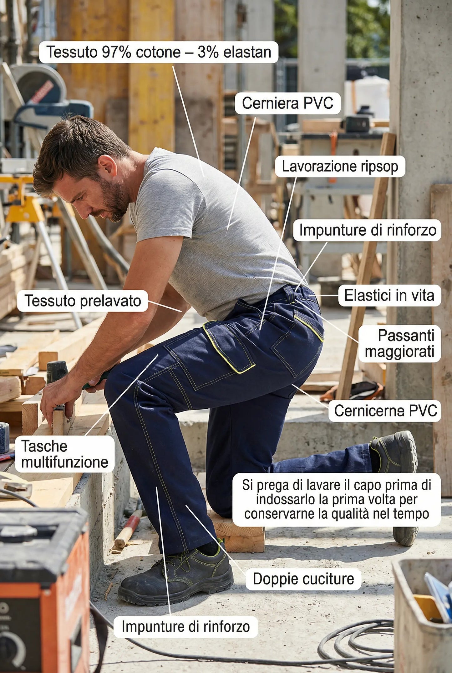 Pantaloni Lavoro Multitasca Uomo Elasticizzati Ripstop - 97% Cotone 3% Elastan - Tasche Portametro e Utensili - Cerniera PVC - Tessuto Prelavato