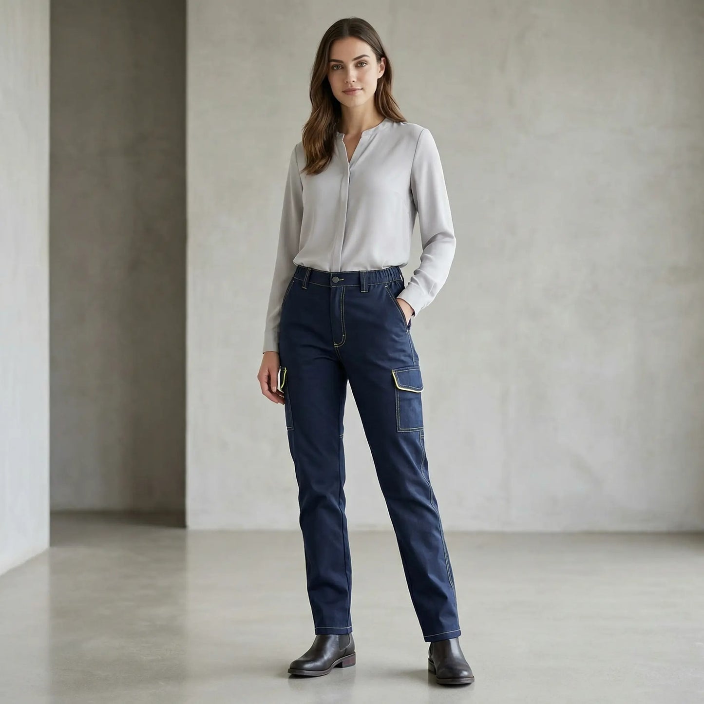 Pantaloni Lavoro Multitasca Uomo Elasticizzati Ripstop - 97% Cotone 3% Elastan - Tasche Portametro e Utensili - Cerniera PVC - Tessuto Prelavato