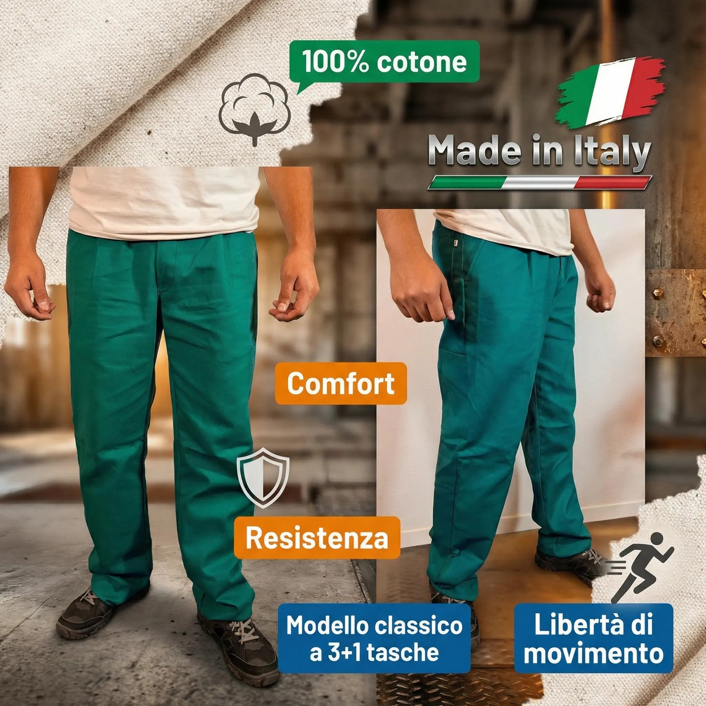 Pantaloni Cargo da Lavoro Uomo 100% Cotone, Made in Italy - Modello Classico a 3+1 Tasche, Verde - Comfort e libertà di Movimento Resistente e Comodo per Edilizia, Meccanico, Idraulico
