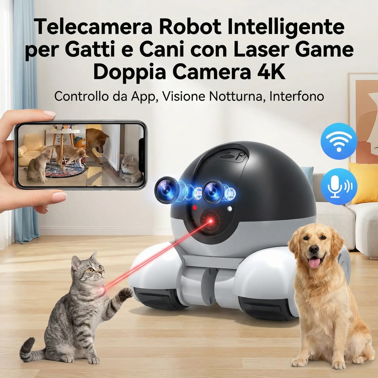 Telecamera Robot Intelligente per Gatti e Cani con Laser Game Doppia Camera 4K - Controllo da App, Visione Notturna, Interfono