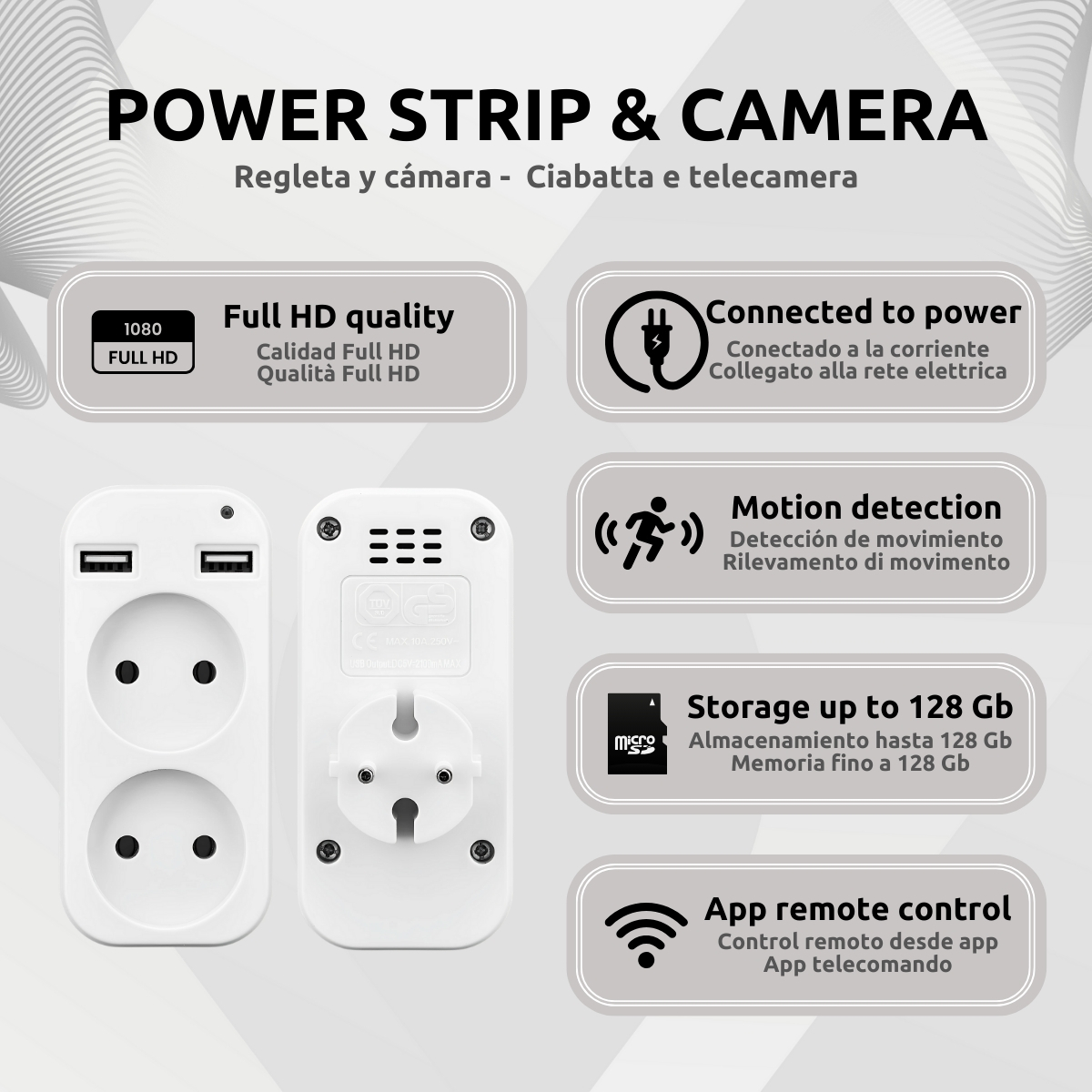 Multipresa con Telecamera WiFi 4K/1080P - Ciabatta Telecamera con Rilevazione Movimento, Controllo App LookCam, 24/7 - Sorveglianza Discreta per Ufficio e Casa