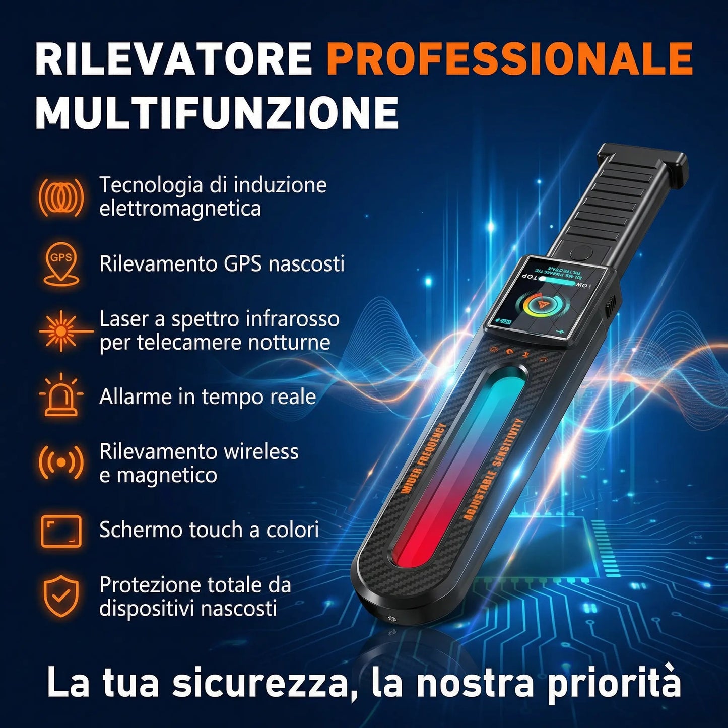 Rilevatore Scanner Professionale di Microspie e Telecamere 50MHz-8GHz - Rileva GPS, Microfoni, Microcamere Wireless - Bonifica TOTALE - Schermo Touch - Portatile Auto Ufficio Viaggi GUARDIAN 999
