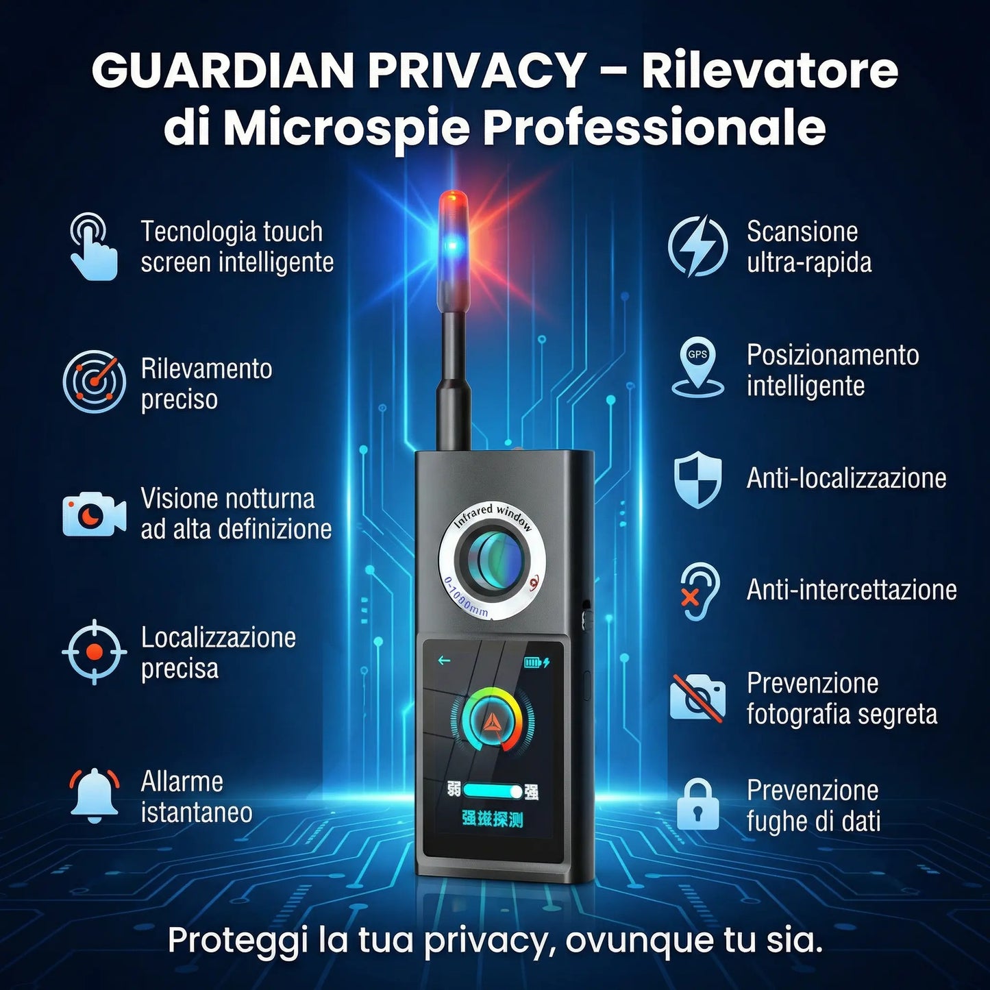 Rilevatore Scanner Professionale di Microspie e Telecamere 50MHz-8GHz - Rileva GPS, Microfoni, Microcamere Wireless - Bonifica TOTALE - Schermo Touch - Portatile Auto Ufficio Viaggi GUARDIAN 888