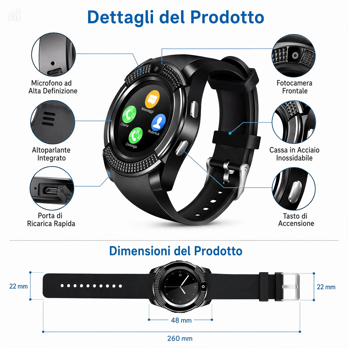 Telefono da Polso con Slot SIM e MicroSD – Orologio Smart TechPro E288 con Fotocamera, Chiamate Indipendenti, Batteria Separata, Display IPS 1.54", Bluetooth – Menu in Inglese