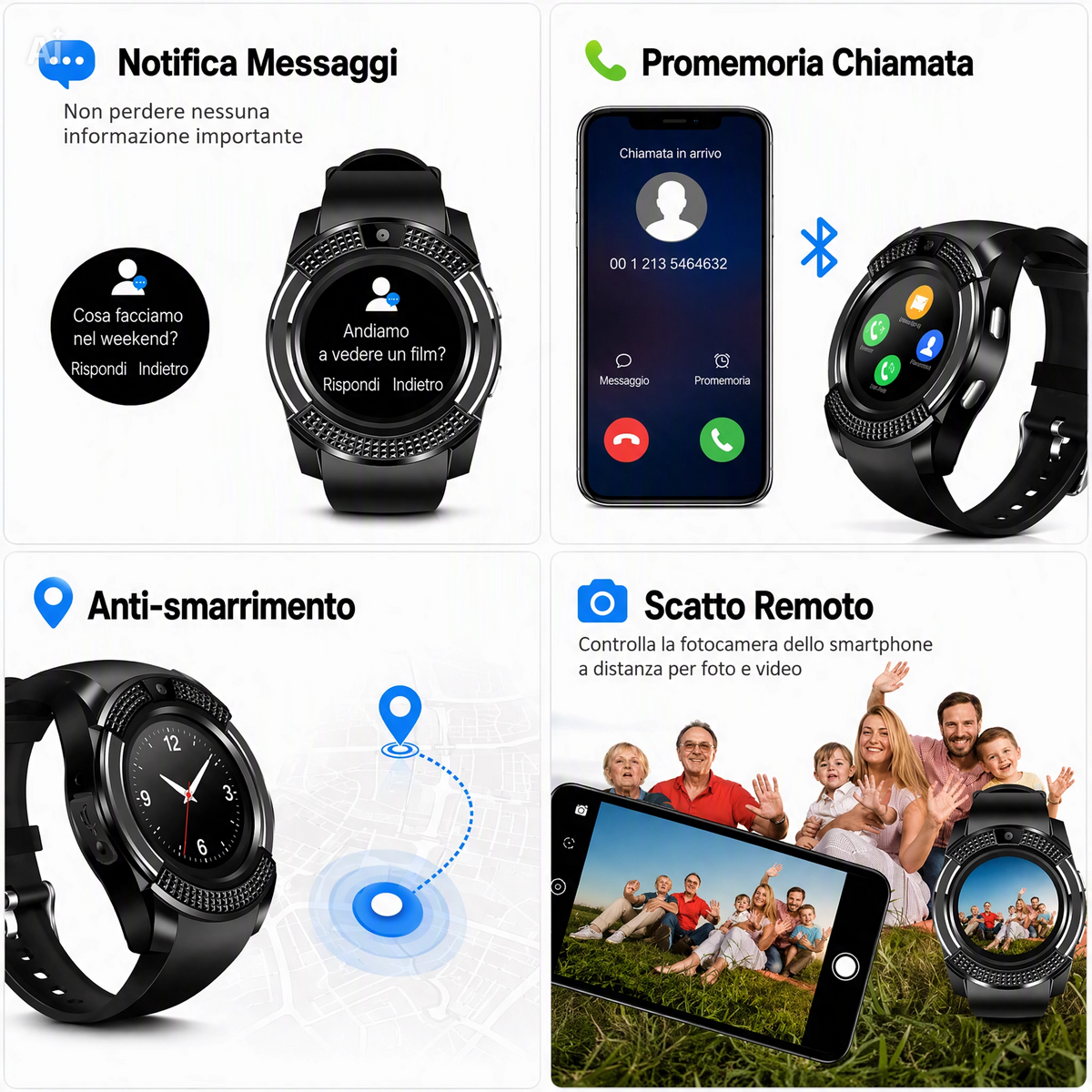 Telefono da Polso con Slot SIM e MicroSD – Orologio Smart TechPro E288 con Fotocamera, Chiamate Indipendenti, Batteria Separata, Display IPS 1.54", Bluetooth – Menu in Inglese
