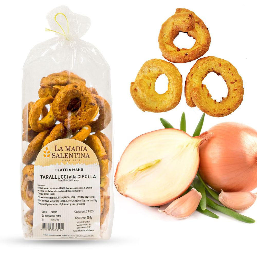 Tarallucci Salentini alla Cipolla 1 Kg, Artigianali al Forno - Taralli Pugliesi Croccanti Tradizionali del Salento - Tarallini Snack Salato Tipico della Puglia (4x250g, Cipolla)