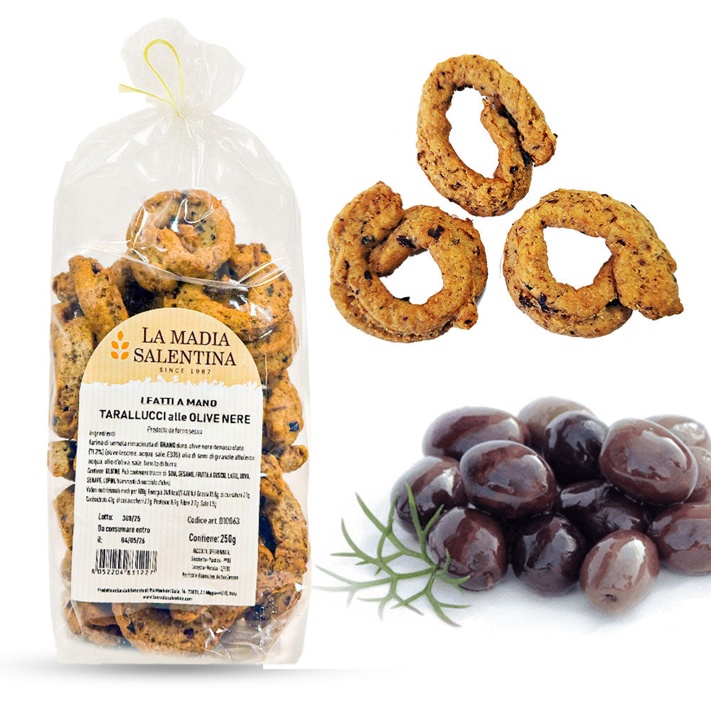 Tarallucci Salentini alle Olive Nere Leccino 1 Kg, Artigianali al Forno - Taralli Pugliesi Croccanti Tradizionali del Salento, Tarallini Snack Salato Tipico della Puglia (4x250g, Olive Nere Leccino)
