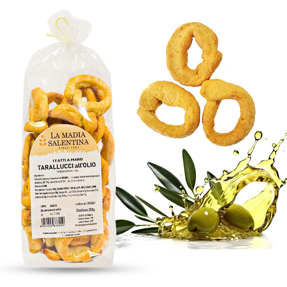 Tarallucci Salentini all’Olio di Oliva EVO 1 Kg, Artigianali al Forno - Taralli Pugliesi Croccanti Tradizionali del Salento - Tarallini Snack Salato Tipico della Puglia (4x250g, Olio di Oliva)