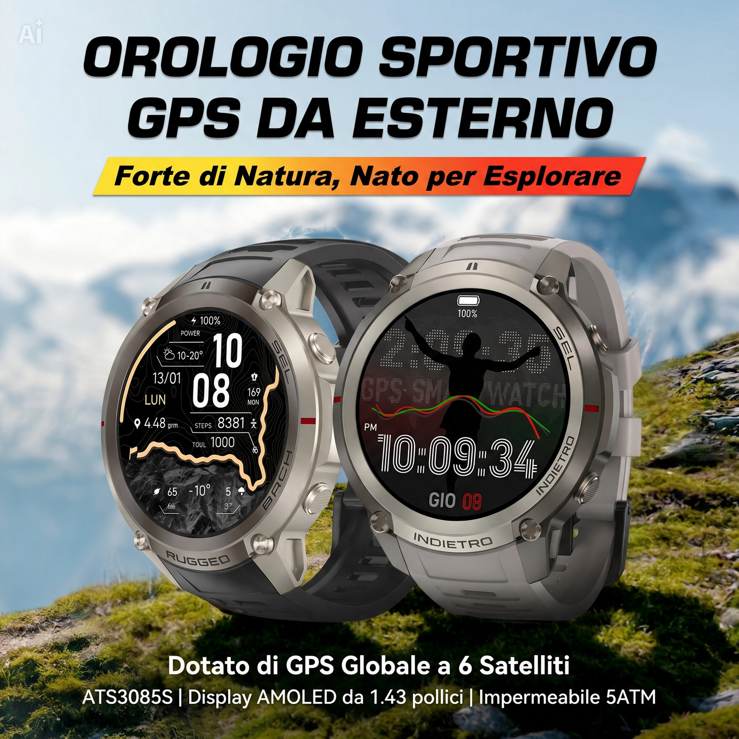 Smartwatch GPS con Mappe Offline, Bussola, Altimetro, Meteo – Orologio con Display AMOLED 1.43", Impermeabile 50M, Monitoraggio Cuore/Ossigeno/Pressione, Cinturino in Gel di Silice