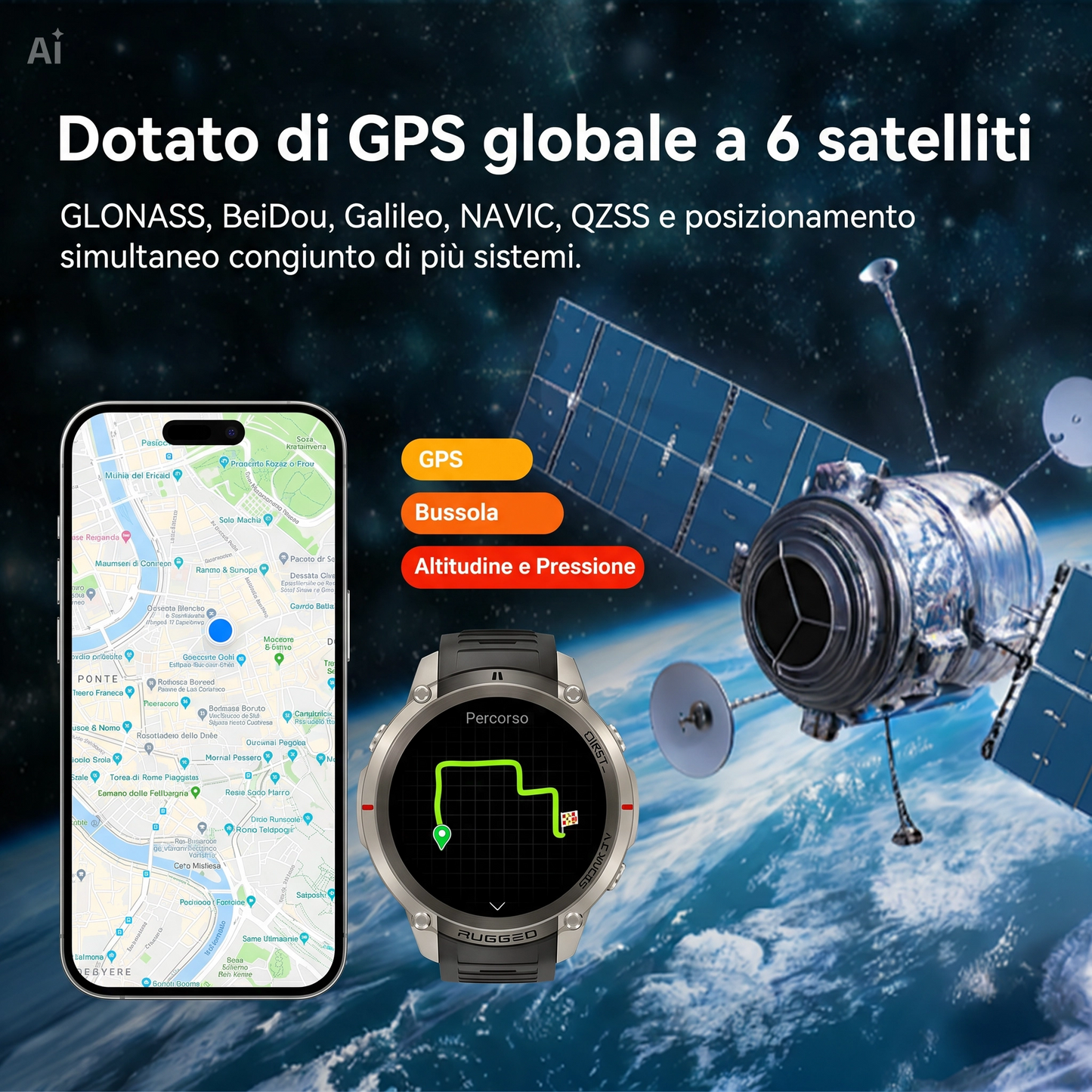Smartwatch GPS con Mappe Offline, Bussola, Altimetro, Meteo – Orologio con Display AMOLED 1.43", Impermeabile 50M, Monitoraggio Cuore/Ossigeno/Pressione, Cinturino in Gel di Silice