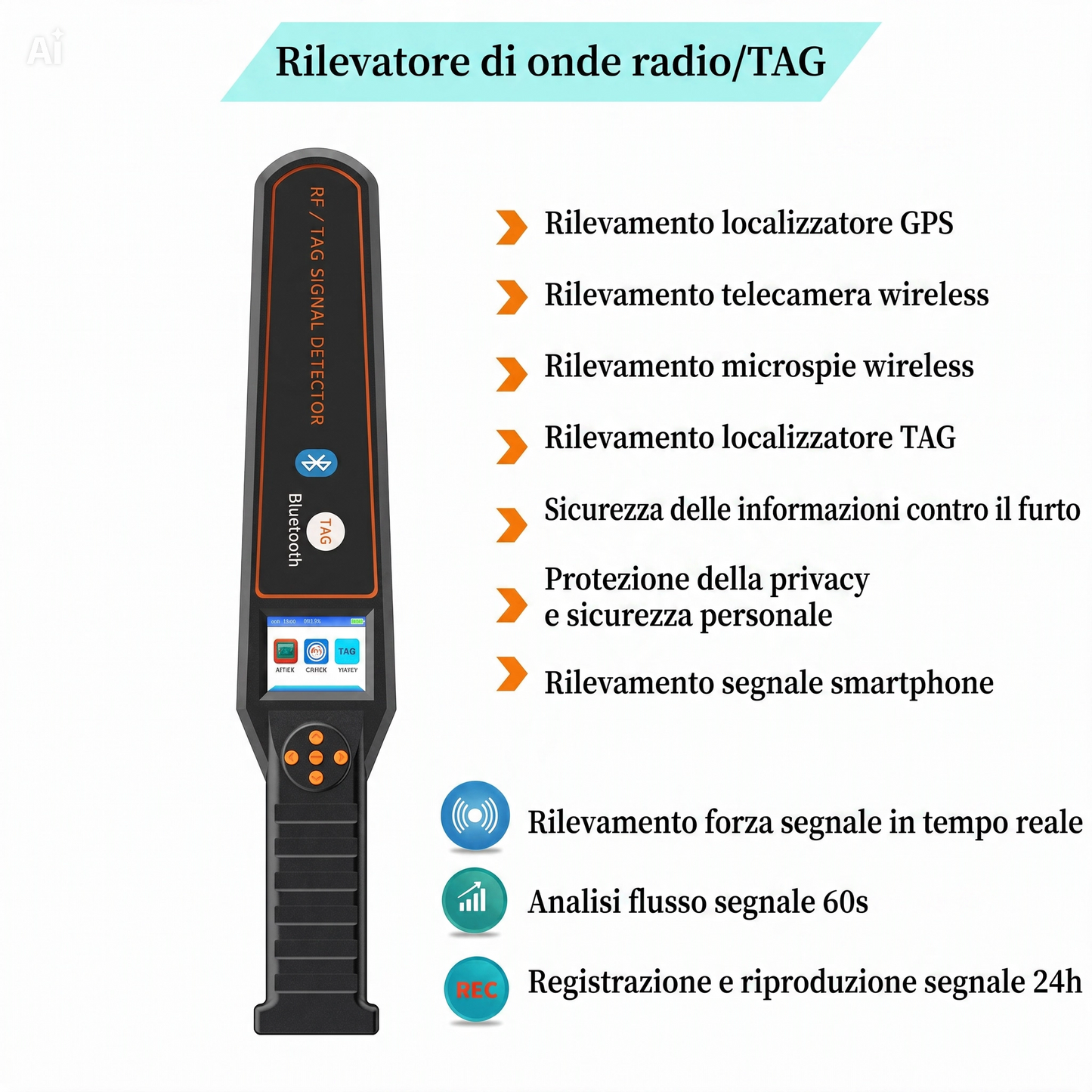 (DS-828) Rilevatore Professionale 50MHz-6GHz per Microspie, GPS e TAG Bluetooth – Dispositivo Anti-Stalking con Analisi 24 Ore, Grafici di Potenza, Raggio 10 Metri, Batteria 1100mAh – Prodotto Professionale per Privacy e Sicurezza