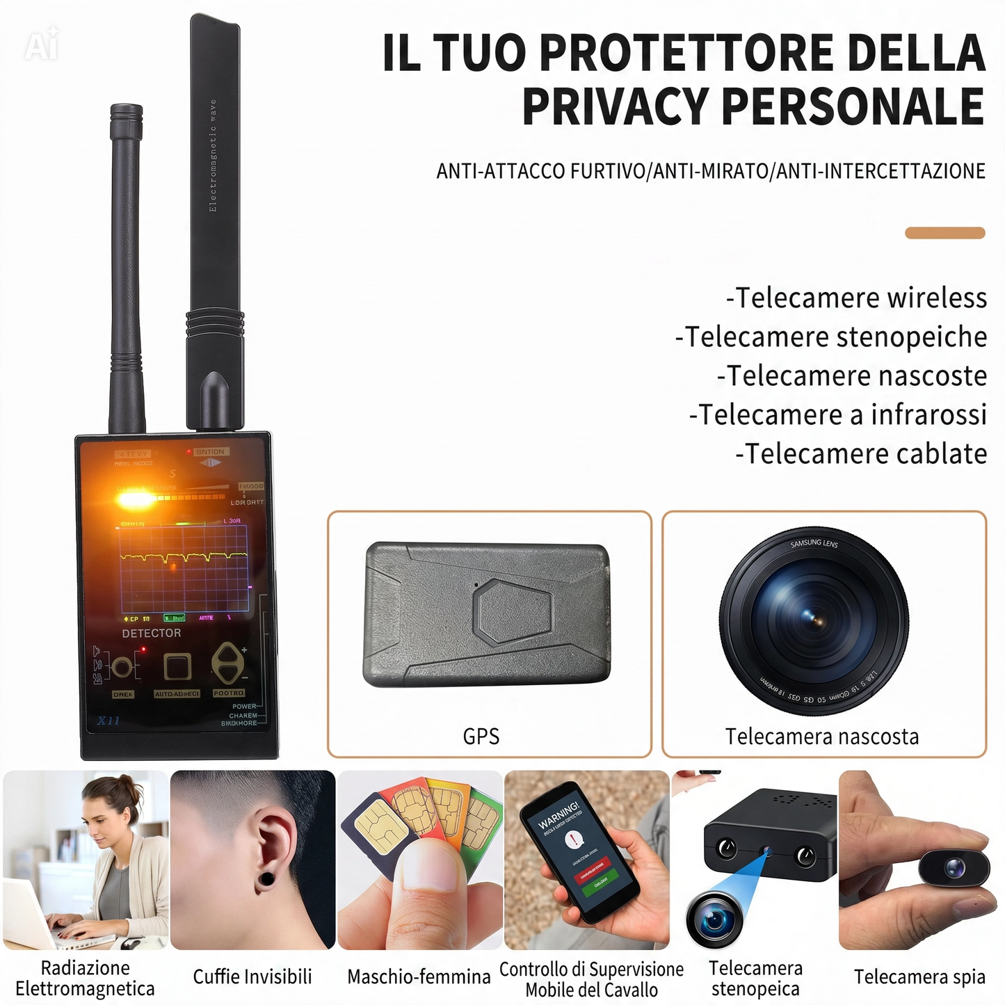 (X11) Rilevatore Professionale RF 100MHz-12GHz con Analizzatore di Spettro – Dispositivo per Tutela Privacy per Microspie, Telecamere Nascoste, Tracker GPS, Campi Elettromagnetici