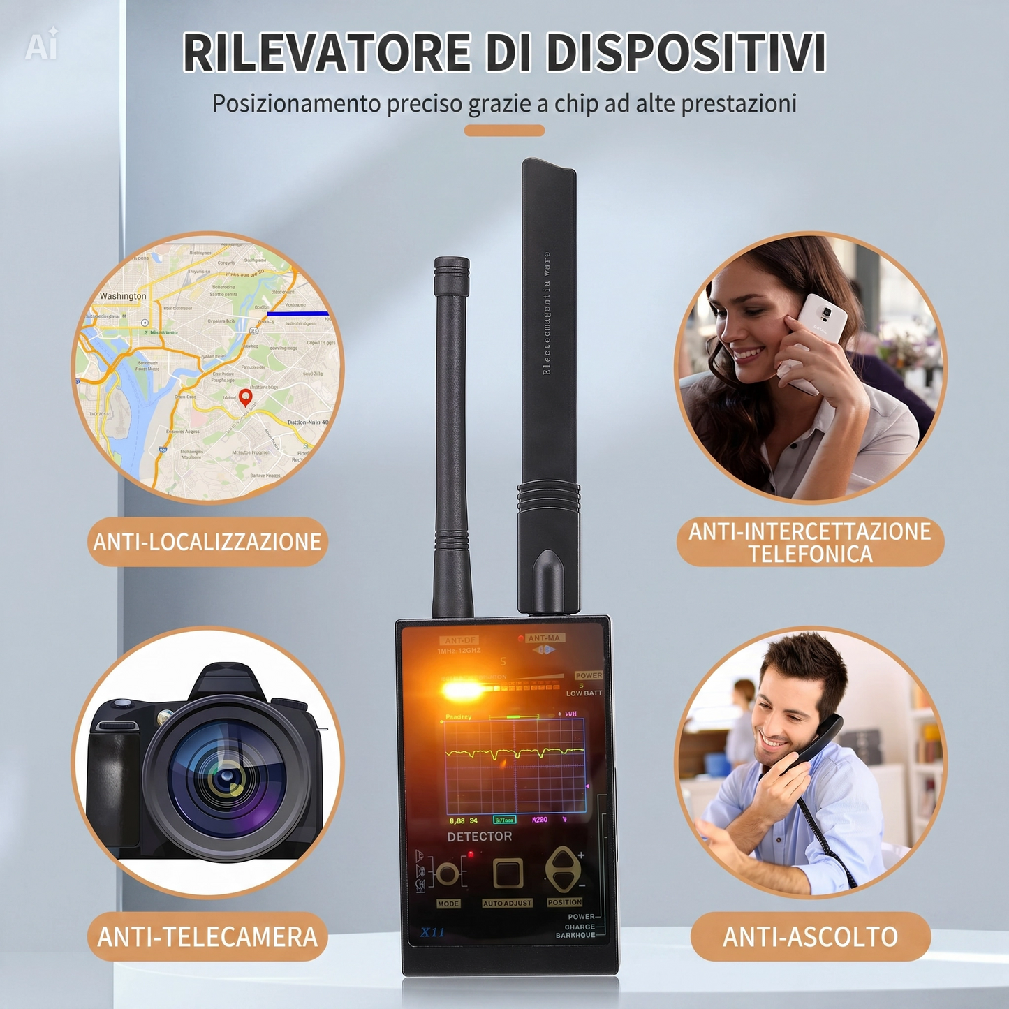 (X11) Rilevatore Professionale RF 100MHz-12GHz con Analizzatore di Spettro – Dispositivo per Tutela Privacy per Microspie, Telecamere Nascoste, Tracker GPS, Campi Elettromagnetici