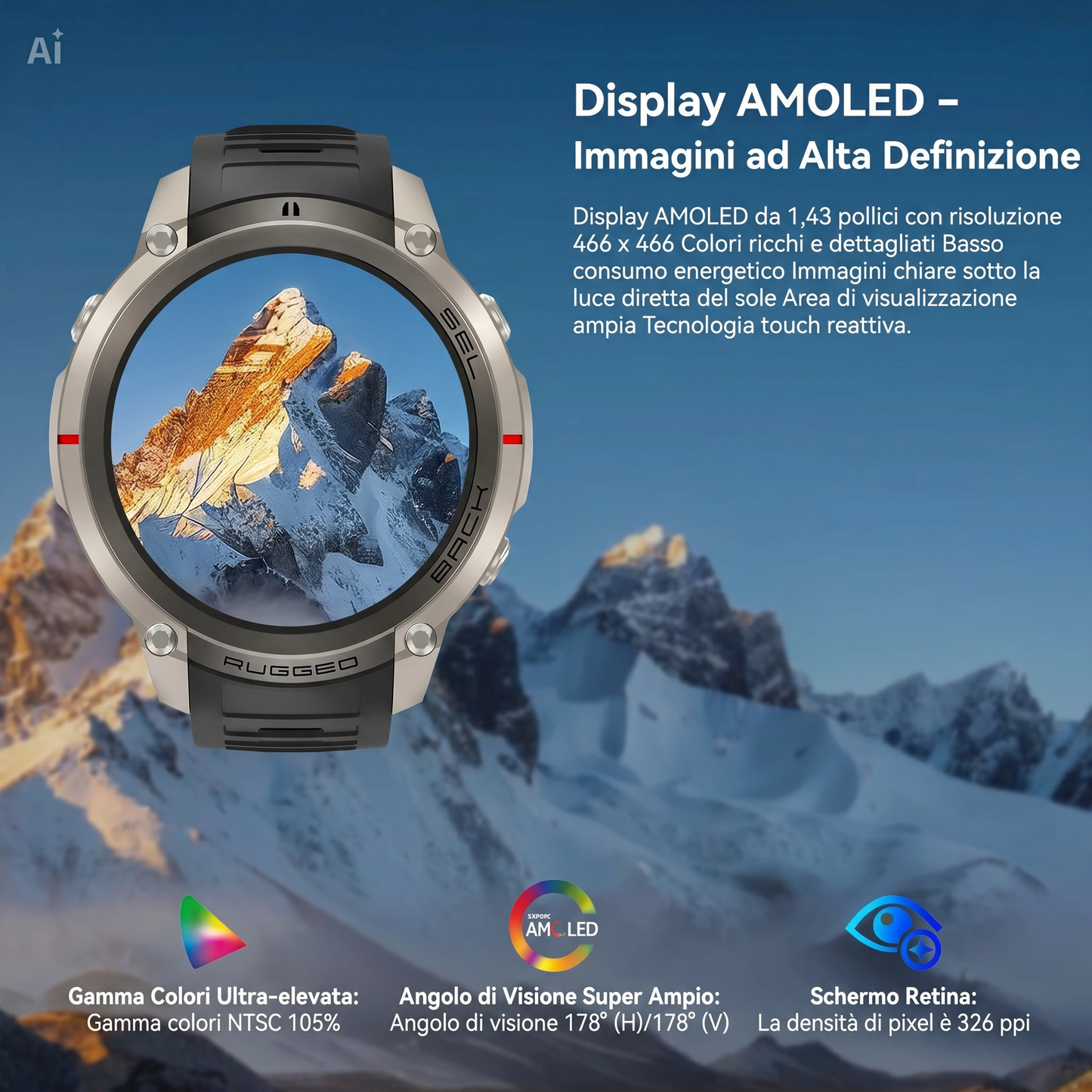 Smartwatch GPS con Mappe Offline, Bussola, Altimetro, Meteo – Orologio con Display AMOLED 1.43", Impermeabile 50M, Monitoraggio Cuore/Ossigeno/Pressione, Cinturino in Gel di Silice
