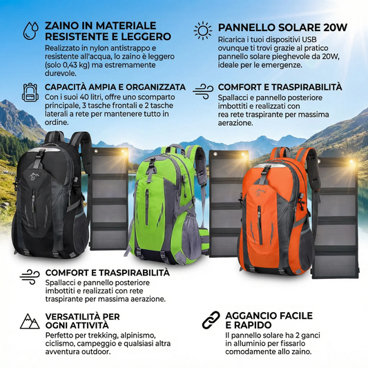 Zaino con Pannello Solare 20W USB 5V Zaino Trekking 40 Litri Impermeabile per Escursionismo, Ciclismo, Moto, Travel Unisex Adulto (Nero)