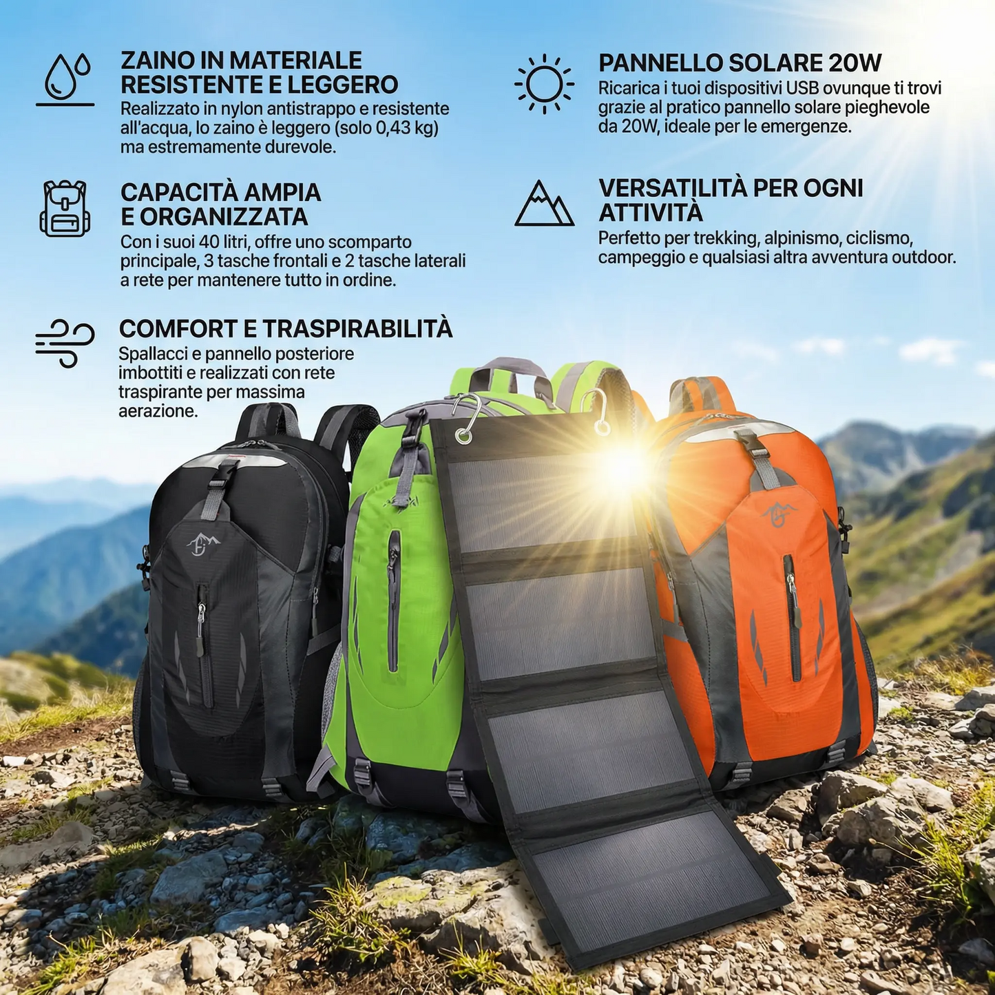 Solar Panel Backpack 20W USB 5V Trekking Backpack 40L Waterproof for Hiking, Cycling, Motorcycle, Travel Unisex Adult (Black)
