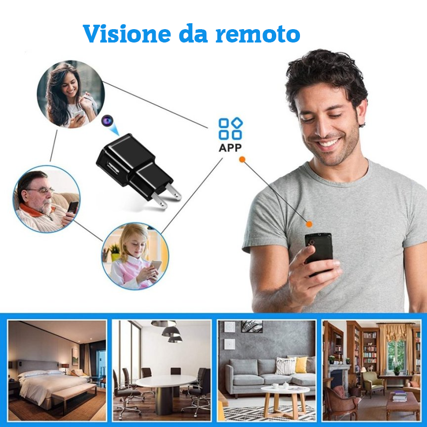 Caricatore USB con Telecamera Wi-Fi 4K/1080P - Telecamera con Visione Notturna, Microfono, Controllo App e Notifiche Movimento - Sorveglianza per Casa e Ufficio
