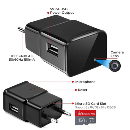 Caricatore USB con Telecamera Wi-Fi 4K/1080P - Telecamera con Visione Notturna, Microfono, Controllo App e Notifiche Movimento - Sorveglianza per Casa e Ufficio