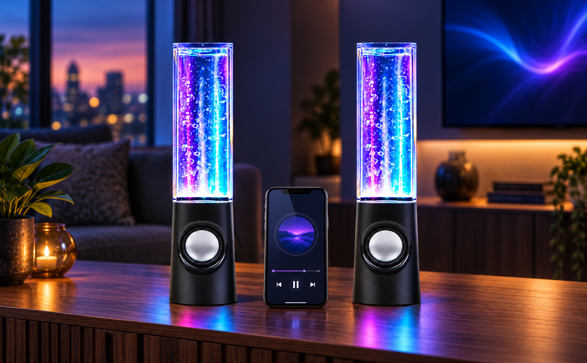 Coppia Casse con Effetto Acqua Danzante e Luci LED – Speaker per Telefono, PC e Tablet con Jack 3.5mm, 3W RMS, Altezza 22cm – Ideali per Musica, Feste e Regalo