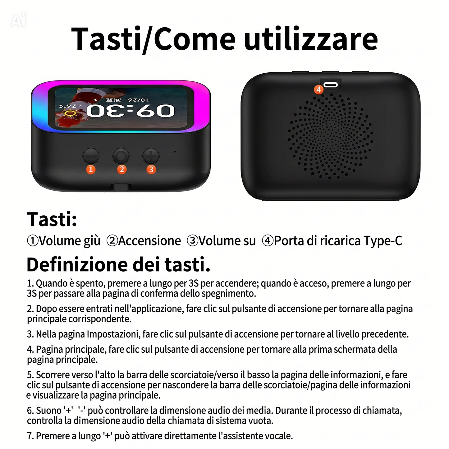 Altoparlante Bluetooth con Display 4" – Smart Speaker con Assistente Vocale, Chiamate, Musica, Meteo, Calendario, Sveglia, Cronometro, Calcolatrice, Orologio Mondiale, Effetti Luce, Cerca Telefono, Fotocamera Remota(Bianco)