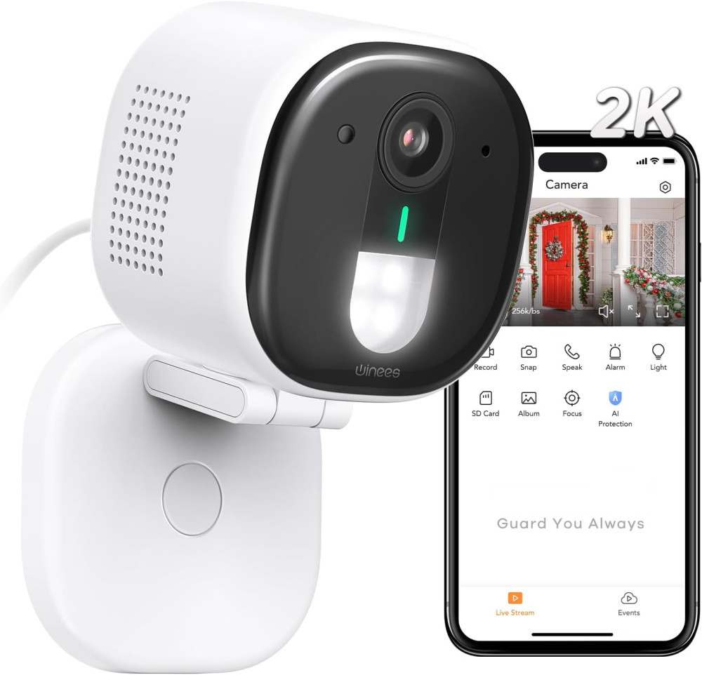 Telecamera Esterna 4MP con Visione Notturna a Colori – Rilevamento IA, Impermeabile IP65, Streaming Live 24/7 – Supporta MicroSD 128GB (Non Inclusa) – Compatibile con Google e Alexa