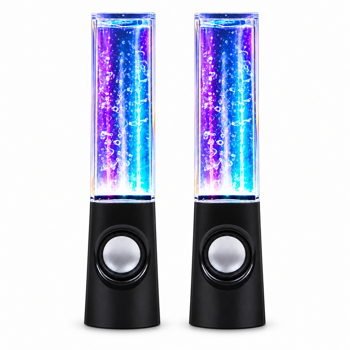 Coppia Casse con Effetto Acqua Danzante e Luci LED – Speaker per Telefono, PC e Tablet con Jack 3.5mm, 3W RMS, Altezza 22cm – Ideali per Musica, Feste e Regalo