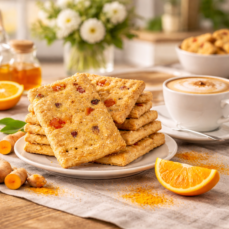 Biscotti ai Cereali con Arancia e Curcuma – Mix di Farine Pregiate (Frumento, Farro, Mais) con Curcuma e Veri Pezzi d'Arancia – Il Perfetto Equilibrio tra Gusto e Benessere per Colazione e Merenda
