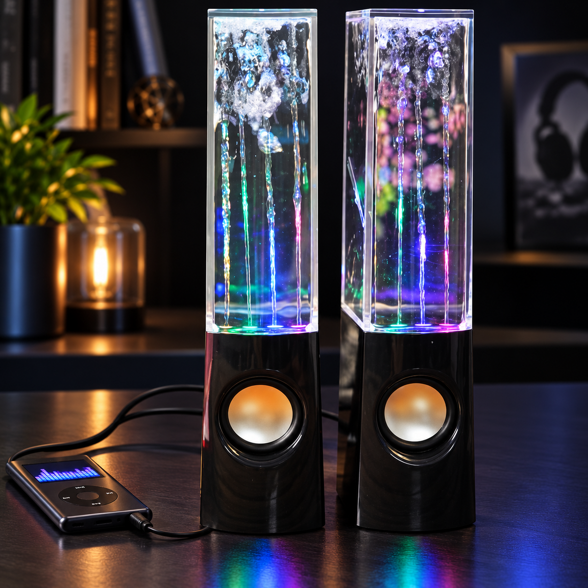 Coppia Casse con Effetto Acqua Danzante e Luci LED – Speaker per Telefono, PC e Tablet con Jack 3.5mm, 3W RMS, Altezza 22cm – Ideali per Musica, Feste e Regalo