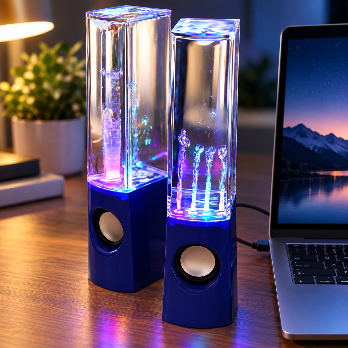 Coppia Casse con Effetto Acqua Danzante e Luci LED – Speaker per Telefono, PC e Tablet con Jack 3.5mm, 3W RMS, Altezza 22cm – Ideali per Musica, Feste e Regalo