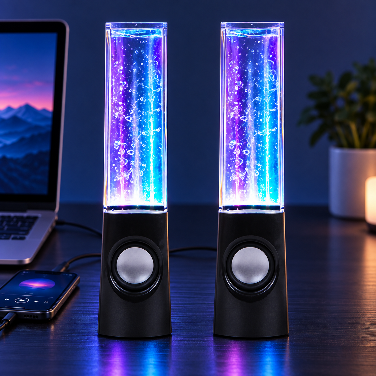 Coppia Casse con Effetto Acqua Danzante e Luci LED – Speaker per Telefono, PC e Tablet con Jack 3.5mm, 3W RMS, Altezza 22cm – Ideali per Musica, Feste e Regalo